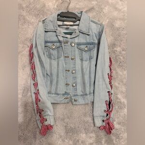 Forever 21 Light Blue Denim Jacket with Red Gingham Accents